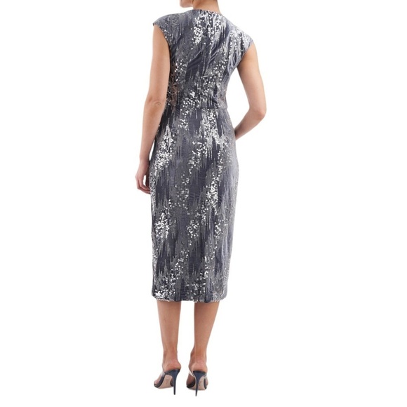 JS Collection June Faux Wrap MIDI Dress Size 12 Gray Blue Cap Sleeve Velvet - Picture 2 of 12